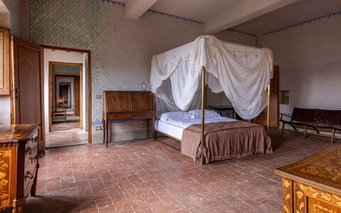 Villa Il Casalino, Florentine Hills with Pool: Flooring, Floor, Interior Design, Furniture, Ceiling, Lighting, Room, Bedroom, Bed, Bed Frame