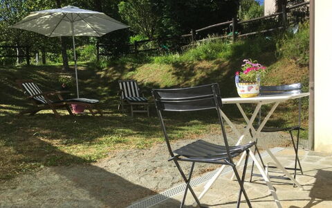 Apartment, Garden, Beigua Unesco Global Geopark: Furniture, Outdoor Furniture, Chair, Table, Outdoor Table, Folding Chair, Shade, Garden, Kitchen & Dining Room Table, Umbrella