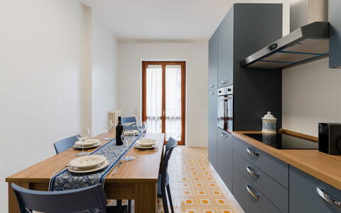 Stella Marina: Kitchen, Countertop, Furniture, Cabinetry, Interior Design, Flooring, Kitchen Appliance, Wood, Floor, Major Appliance