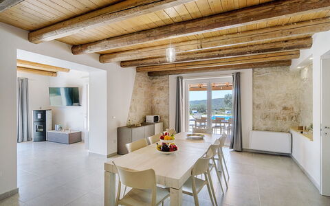 Villa Belvedere: Wood, Furniture, Flooring, Interior Design, Floor, Chair, Ceiling, Room, Kitchen & Dining Room Table, Dining Room