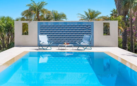 Villa Rebecca: Blue, Swimming Pool, Outdoor Furniture, Resort, Furniture, Composite Material, Chair, Eco Hotel, Shade, Sunlounger