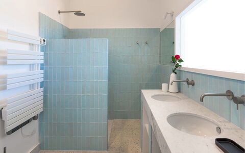 Villa Rebecca: Wall, Flooring, Floor, Interior Design, Plumbing Fixture, Tile, Bathroom, Composite Material, Plumbing, Ceramic