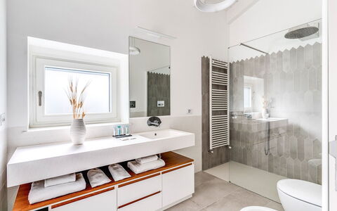Villa Romantic Garden: Bathroom, Interior Design, Plumbing Fixture, Flooring, Bathroom Sink, Floor, Sink, Mirror, Bathroom Cabinet, Tap