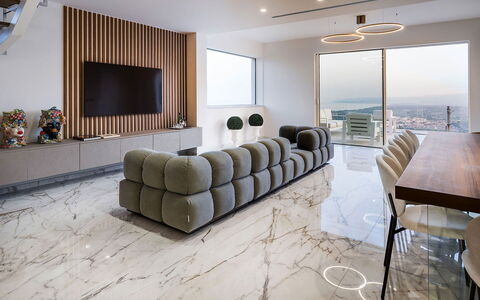 Villa Shelly: Furniture, Interior Design, Flooring, Wall, Floor, Wood, Ceiling, Living Room, Table, Lighting