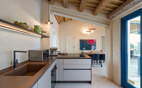 Villa Smeralda: Interior Design, Kitchen, Countertop, Wall, Furniture, Flooring, Wood, Ceiling, Home, Light Fixture