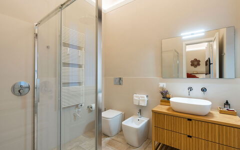 Villa Milo: Bathroom, Flooring, Interior Design, Plumbing Fixture, Floor, Bathroom Sink, Sink, Tap, Ceiling, Mirror