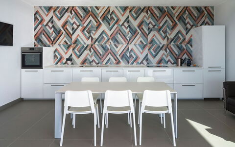 Villa Lily: Flooring, Floor, Tile, Natural Material, Wood Stain, Kitchen, Chair, Design, Paint