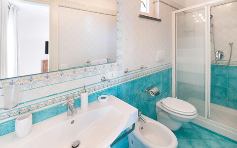 Villa Pietraluna: Blue, Flooring, Floor, Plumbing Fixture, Interior Design, Bathroom, Tile, Tap, Plumbing, Bathroom Sink