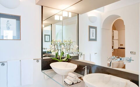 Villa Chiara: Interior Design, Wall, Plumbing Fixture, Flooring, Furniture, Tap, Countertop, Sink, Bathroom Sink, Bathroom