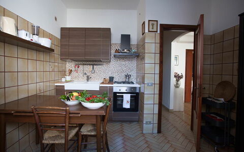 Casa Ravello with Garden: Furniture, Flooring, Interior Design, Wood, Floor, Kitchen, Kitchen Appliance, Countertop, Cabinetry, Room