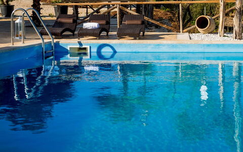 Villa Thalia: Blue, Swimming Pool, Resort, Composite Material, Leisure, Outdoor Furniture, Eco Hotel, Water Feature, Shade, Sunlounger