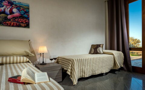 Villa Thalia: Furniture, Interior Design, Bed, Bedroom, Floor, Flooring, Wood, Room, Bed Sheet, Bedding