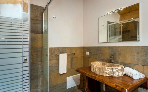 Villa Thalia: Flooring, Interior Design, Wall, Floor, Plumbing Fixture, Wood, Ceiling, Bathroom, Bathroom Sink, Lighting