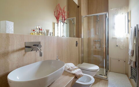 Green Villa: Bathroom, Interior Design, Flooring, Plumbing Fixture, Bathroom Sink, Floor, Wall, Sink, Mirror, Tap