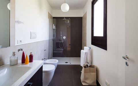 Villa Almond: Bathroom, Flooring, Plumbing Fixture, Interior Design, Wall, Floor, Bathroom Sink, Sink, Tap, Home