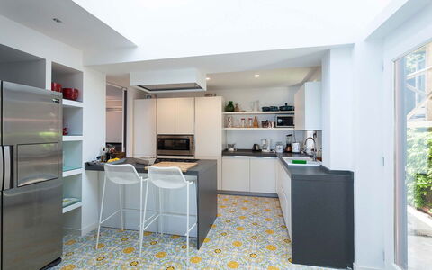 Villa Davide: Kitchen, Flooring, Interior Design, Countertop, Floor, Kitchen Appliance, Furniture, Ceiling, Major Appliance, Cabinetry