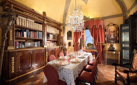 Palazzo Santa Croce: Furniture, Interior Design, Table, Chair, Ceiling, Room, Lighting, Dining Room, Light Fixture, Flooring