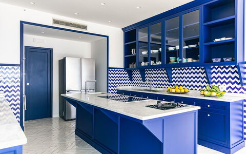 Villa Heart: Blue, Interior Design, Kitchen, Furniture, Flooring, Floor, Cabinetry, Ceiling, Countertop, Room