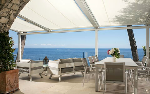 Villa Ieranto 6: Furniture, Outdoor Furniture, Chair, Table, Shade, Outdoor Table, Sea, Restaurant, Outdoor Structure, Coast