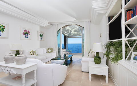 Villa Ieranto 6: Furniture, Interior Design, Table, Couch, Floor, Flooring, Sea, Living Room, Chair, Room