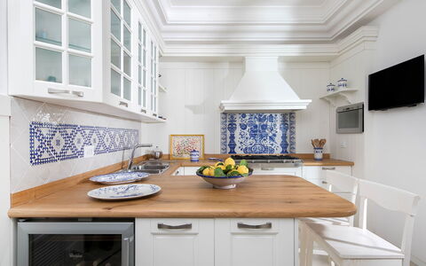 Villa Ieranto 6: Kitchen, Interior Design, Countertop, Cabinetry, Flooring, Furniture, Home, Floor, Kitchen Appliance, Lighting