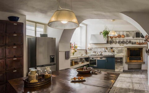 Villa Romantica: Furniture, Interior Design, Kitchen, Flooring, Countertop, Lighting, Light Fixture, Room, Ceiling, Home