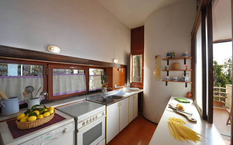 Villa Valeria: Wood, Kitchen, Interior Design, Countertop, Flooring, Ceiling, Room, Wood Stain, Kitchen Appliance, Light Fixture