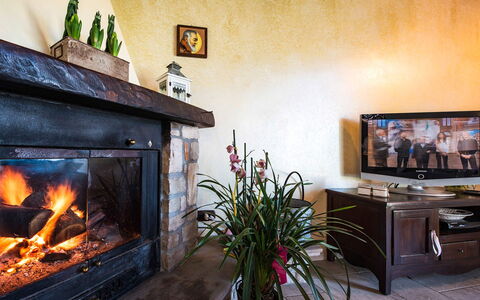 Villa Pandora: Hearth, Furniture, Interior Design, Living Room, Lighting, Heat, Room, Couch, Fireplace