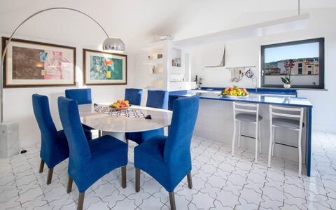 The Ivy Penthouse: Furniture, Blue, Interior Design, Flooring, Chair, Table, Floor, Ceiling, Kitchen & Dining Room Table, Dining Room