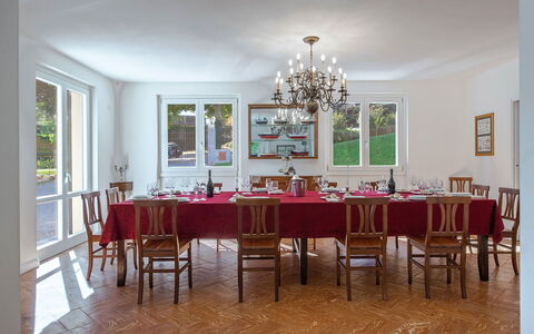 Villa Angela: Furniture, Interior Design, Flooring, Table, Ceiling, Wood, Chair, Dining Room, Room, Light Fixture