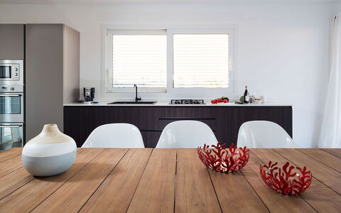 Villa Matilde: Furniture, Interior Design, Flooring, Table, Floor, Wood, Tableware, Kitchen & Dining Room Table, Kitchen, Home
