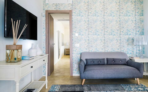 Villa Federica: Blue, Furniture, Interior Design, Flooring, Floor, Textile, Table, Room, Living Room, Home