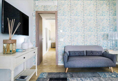 Villa Federica: Blue, Furniture, Interior Design, Flooring, Floor, Textile, Table, Room, Living Room, Home