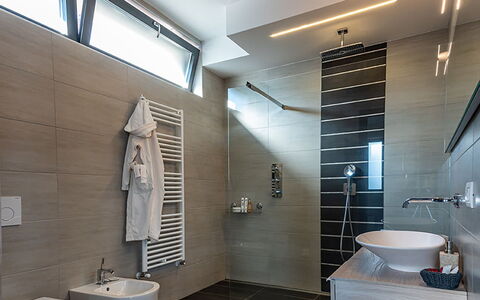 Villa Perla: Flooring, Interior Design, Plumbing Fixture, Ceiling, Floor, Bathroom, Light Fixture, Lighting, Sink, Mirror