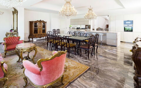 Blue Star Villa: Interior Design, Flooring, Floor, Furniture, Ceiling, Lighting, Chair, Light Fixture, Chandelier, Living Room