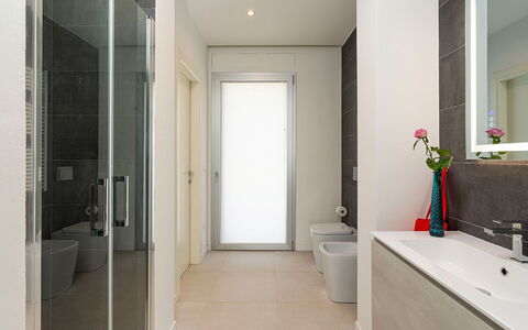Villa Silvia: Bathroom, Flooring, Floor, Plumbing Fixture, Interior Design, Wall, Toilet, Bathroom Cabinet, Sink, Plumbing