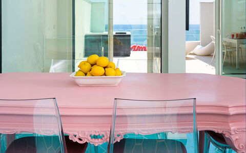Casa Pink: Furniture, Interior Design, Table, Chair, Pink, Kitchen & Dining Room Table, Floor, Dining Room, Room, Glass