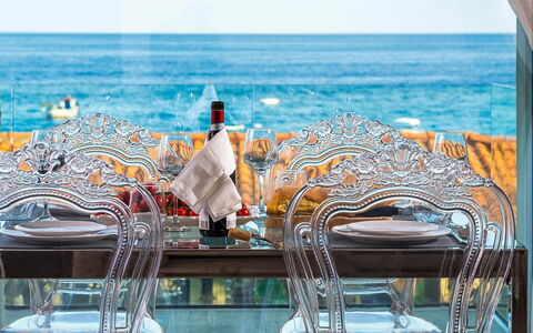 Casa Light Blu: Furniture, Table, Sea, Chair, Ocean, Coast, Restaurant, Resort, Tablecloth, Outdoor Furniture