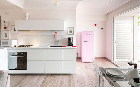 Casa Light Blu: Kitchen Appliance, Kitchen, Countertop, Interior Design, Major Appliance, Flooring, Home Appliance, Cabinetry, Refrigerator, Floor