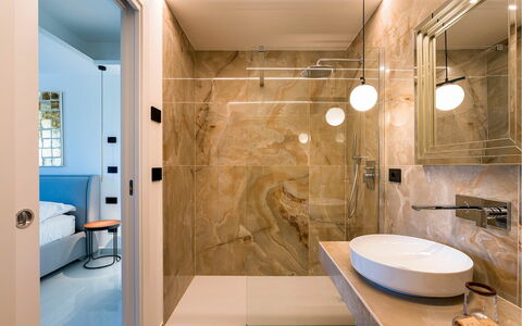 Villa Zafferano: Interior Design, Flooring, Wall, Floor, Plumbing Fixture, Bathroom, Sink, Bathroom Sink, Ceiling, Light Fixture