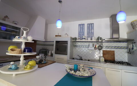 Villa Patrizia Otranto: Deluxe Countryside Retreat: Interior Design, Furniture, Kitchen, Flooring, Countertop, Ceiling, Lighting, Room, Kitchen Appliance, Table
