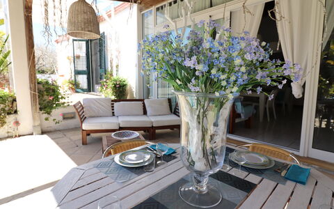 Villa Patrizia Otranto: Deluxe Countryside Retreat: Furniture, Table, Chair, Interior Design, Kitchen & Dining Room Table, Lighting, Dining Room, Outdoor Table, Flowerpot, Outdoor Furniture