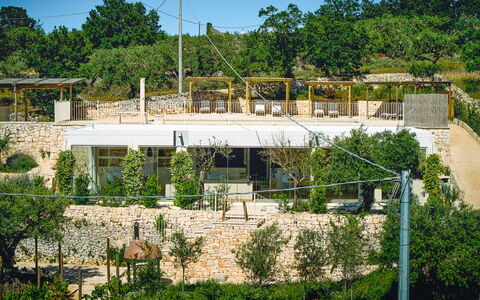 Trullo Emmebi Vista Valle D'Itria: Stone Wall, Shade, Estate, Landscaping, Yard, Backyard, Villa, Hacienda, Balcony