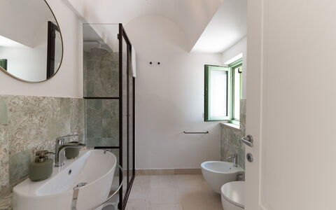 Trullo Miravista Valle D'Itria: Wall, Flooring, Interior Design, Plumbing Fixture, Floor, Ceiling, Bathroom, Lighting, Bathroom Sink, Tap