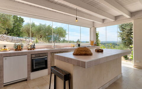 Trullo Miravista Valle D'Itria: Flooring, Furniture, Interior Design, Kitchen, Floor, Countertop, Ceiling, Chair, Kitchen & Dining Room Table, Natural Material