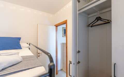 Veranda sul Conero: Furniture, Interior Design, Bed, Bedroom, Wall, Floor, Flooring, Bed Sheet, Wood, Ceiling