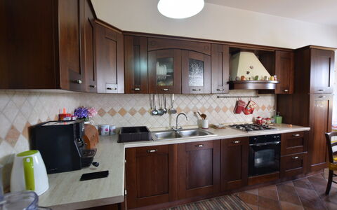 Villa Margi: Kitchen, Kitchen Appliance, Major Appliance, Countertop, Wood, Furniture, Interior Design, Cabinetry, Flooring, Kitchen Stove