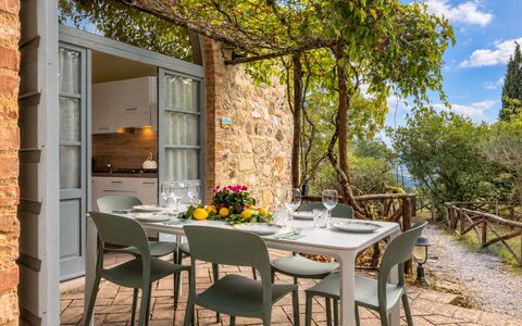 Casa Stella Serena, Casole D'Elsa, Pool: Furniture, Kitchen & Dining Room Table, Chair, Table, Tableware, Outdoor Furniture, Outdoor Table, Restaurant, Dining Room, Tablecloth