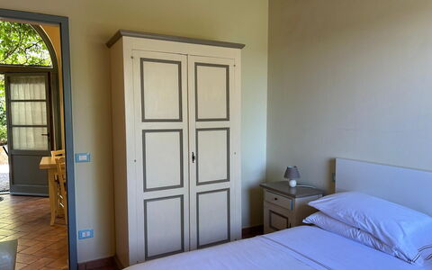 Casa Stella Serena, Podere le Scopaie, Pool: Furniture, Bed, Bedroom, Interior Design, Bed Sheet, Bedding, Flooring, Floor, Room, Bed Frame
