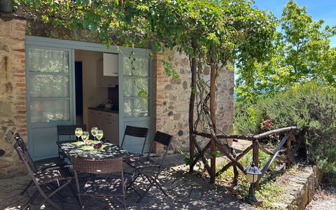 Casa Stella Serena, Podere le Scopaie, Pool: Furniture, Outdoor Furniture, Outdoor Table, Chair, Garden, Flowerpot, Backyard, Shade, Stone Wall, Houseplant